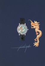 An original prototype design featuring a dragon with jump hour and retrograde minutes, painted by Gérald Genta, with accompanying NFT, Circa 1995 | 傑洛・尊達 一幅以龍為主題的跳時、逆跳分鐘腕錶原型設計圖,由傑洛・尊達繪製並附帶 NFT 証書,約1995年製