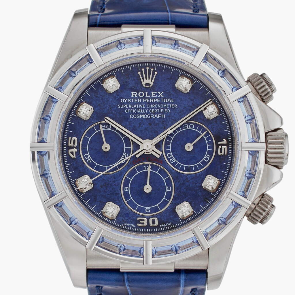 View full screen - View 1 of Lot 122. Reference 16589SACI Daytona | A white gold, diamond, and sapphire-set automatic chronograph wristwatch with sodalite dial, Circa 1997.