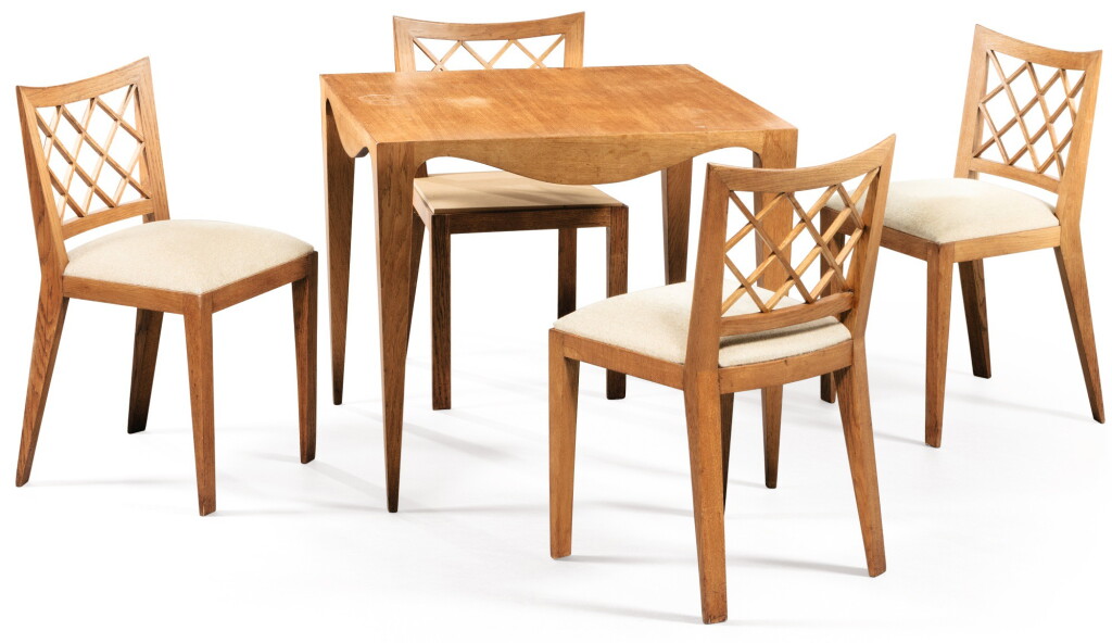View full screen - View 1 of Lot 223. JEAN ROYÈRE | CROISILLON TABLE AND FOUR CHAIRS, CIRCA 1950.