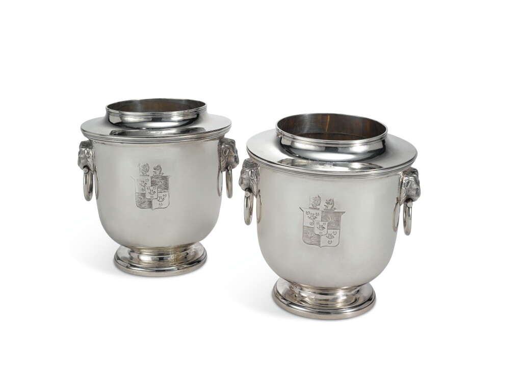 View full screen - View 1 of Lot 214. A PAIR OF REGENCY SILVER WINE COOLERS, LINERS AND RIMS, JOHN HOULE, LONDON, 1814.