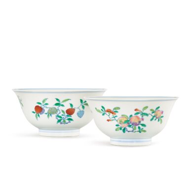 View full screen - View 1 of Lot 3508. A fine and rare pair of doucai and famille-rose 'sanduo' bowls, Marks and period of Yongzheng | 清雍正 鬪彩加粉彩三多撇口盌一對 《大清雍正年製》款.