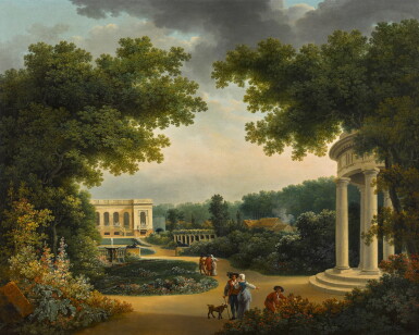 View full screen - View 1 of Lot 100. A formal garden with figures by a rotunda, a villa beyond.