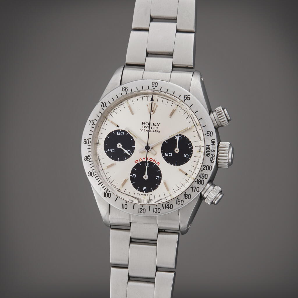 View full screen - View 1 of Lot 118. Reference 6265 'Big Red' Daytona | A stainless steel chronograph wristwatch with bracelet, Circa 1987.