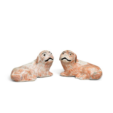 View full screen - View 1 of Lot 322. A pair of recumbent dogs, Qing dynasty, 18th century.