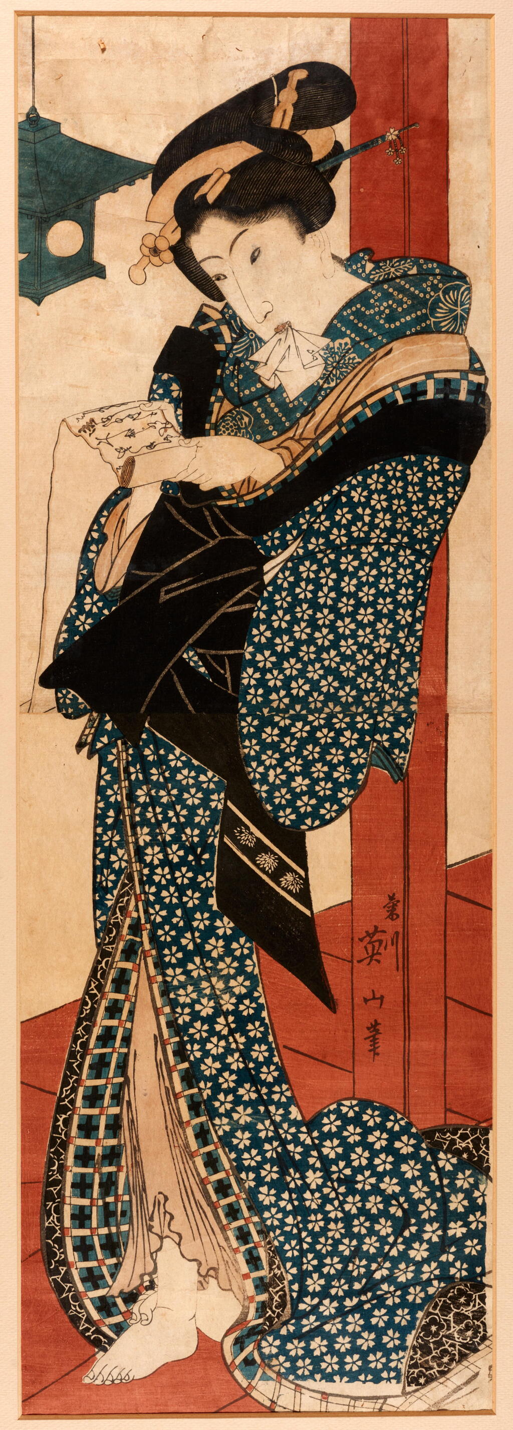 View full screen - View 1 of Lot 1018. Kikugawa Eizan (1787-1867) Utagawa Kunisada (1786-1865) | Courtesan reading a letter under a lantern; and three other woodblock prints depicting courtesans | Edo period, 19th century .