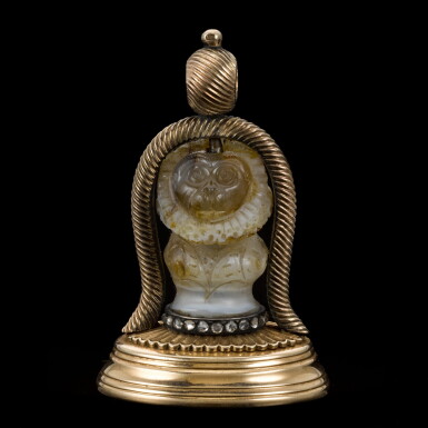 View full screen - View 1 of Lot 30. British or Italian, 18th century | Seal with Minerva, surmounted with a hardstone carving of a possibly 17th-century monkey.