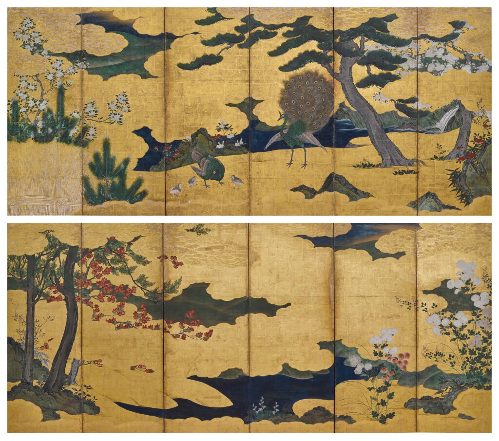 View full screen - View 1 of Lot 2145. Attributed to the Kano school, Birds and flowers in spring and autumn, Momoyama – Edo period, early 17th century | 狩野派 春秋花鳥図屏風 桃山~江戸時代初期 17世紀初頭.