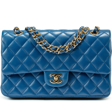 View full screen - View 1 of Lot 456. Bleu Roi Quilted Lambskin Classic Medium Double Flap Bag Gold Hardware.