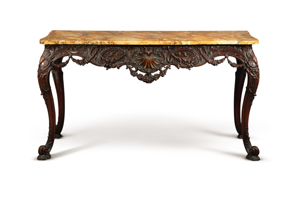 View full screen - View 1 of Lot 202. AN IRISH GEORGE III CARVED MAHOGANY CONSOLE TABLE, MID-18TH CENTURY.