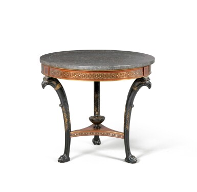 View full screen - View 1 of Lot 12. A brass inlaid mahogany ebonized wood guéridon, early 19th century, attributed to Jean-Joseph Chapuis .