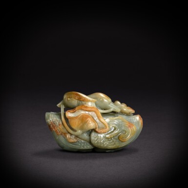 View full screen - View 1 of Lot 3618. A celadon jade 'mandarin ducks' group, Ming dynasty | 明 青玉荷塘鴛鴦擺件.