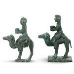 A pair of bronze 'camel and rider' lamps, Eastern Zhou dynasty, Warring States period | 東周戰國 青銅人騎駱駝形燈座兩件