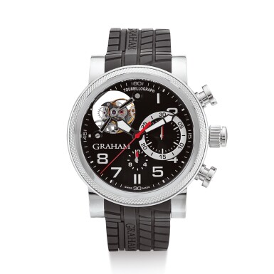 View full screen - View 1 of Lot 2136. GRAHAM | TRACKMASTER, REFERENCE 2TWTS.B05A A LIMITED EDITION STAINLESS STEEL TOURBILLON CHRONOGRAPH WRISTWATCH, CIRCA 2010 " | Trackmaster 型號2TWTS.B05A 限量版精鋼陀飛輪計時腕錶,錶殼編號043/100,約2010年製".
