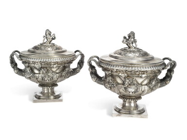 View full screen - View 1 of Lot 215. THE PEEL SERVICE: A PAIR OF GEORGE III SILVER SAUCE TUREENS, COVERS AND LINERS, BENJAMIN SMITH II & BENJAMIN SMITH III, LONDON, 1817.