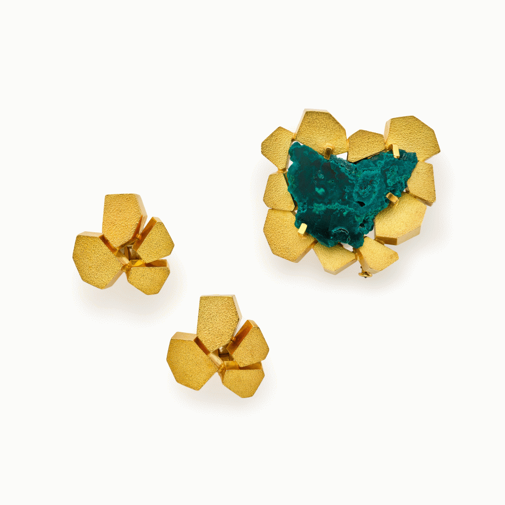 View full screen - View 1 of Lot 129. Dioptase and Gold Pendant with ‘Stepping Stone’ Earrings.