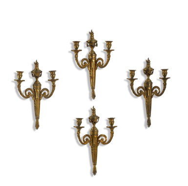 View full screen - View 1 of Lot 50. A SET OF FOUR LOUIS XVI STYLE GILT-BRONZE WALL LIGHTS.