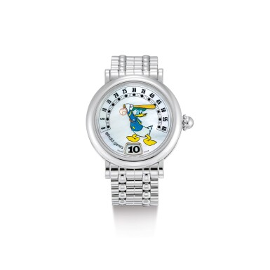 View full screen - View 1 of Lot 2003. GERALD GENTA | FANTASY RETRO DONALD DUCK, REFERENCE REF.M.10, A STAINLESS STEEL JUMPING HOUR WRISTWATCH WITH RETROGRADE MINUTES, MOTHER-OF-PEARL DIAL AND BRACELET, CIRCA 2000 | "Fantasy Retro Donald Duck 型號REF.M.10 精鋼跳時鏈帶腕錶,備逆跳分鐘及珠母貝錶盤,錶殼編號100296,約2000年製".