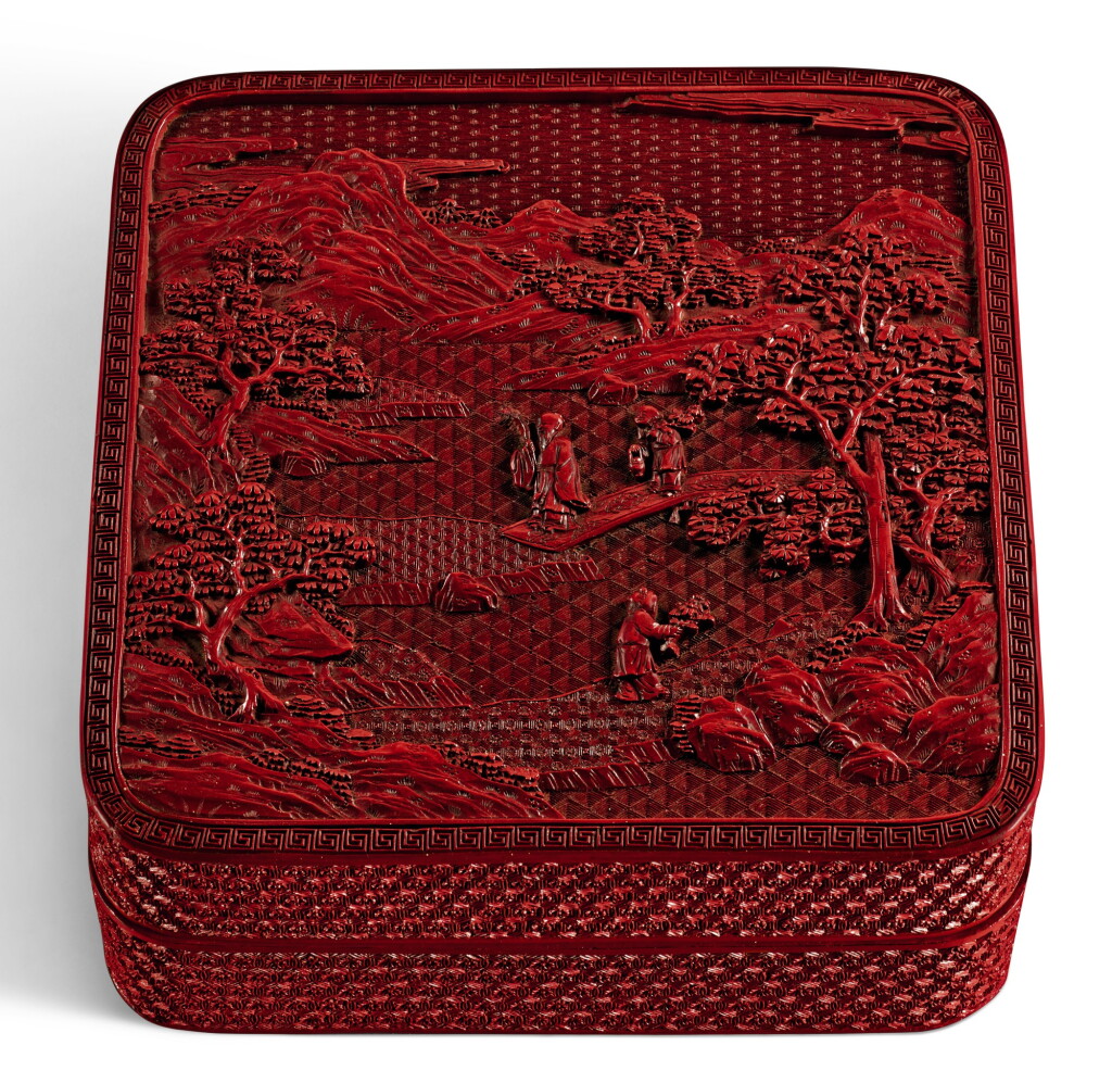 View full screen - View 1 of Lot 108. A CARVED CINNABAR LACQUER BOX AND COVER QING DYNASTY, QIANLONG PERIOD | 清乾隆 剔紅淵明愛菊圖四方蓋盒.