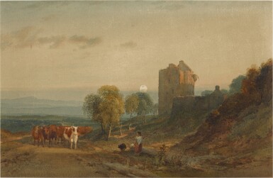 View full screen - View 1 of Lot 200. Dusk - the moon rising over a baronial gatehouse.