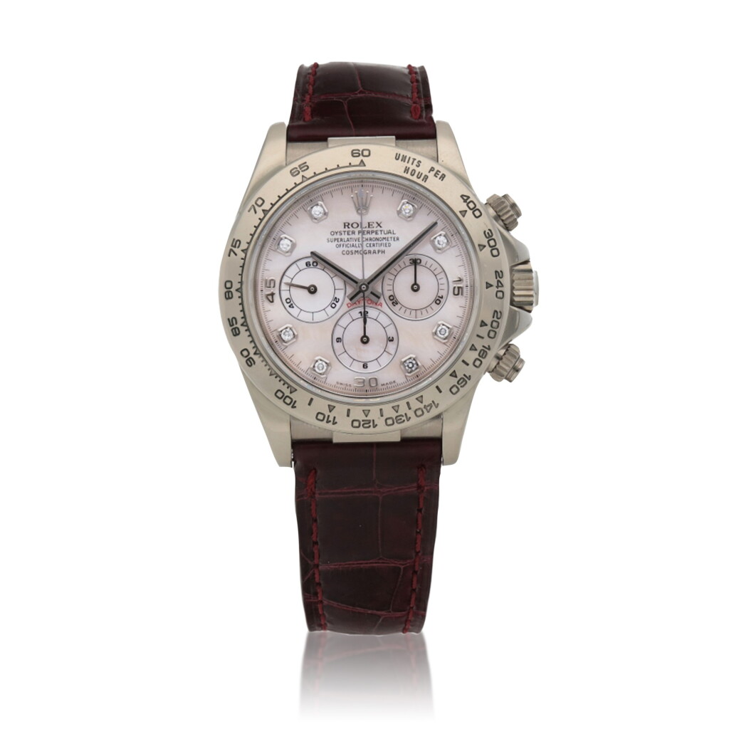 View full screen - View 1 of Lot 29. 'Zenith' Daytona, Ref. 16519 White gold and diamond-set chronograph wristwatch with mother-of-pearl dial Circa 1997 | 勞力士 | 16519型號「'Zenith' Daytona」白金鑲鑽石計時腕錶備珠母貝錶盤,年份約1997.