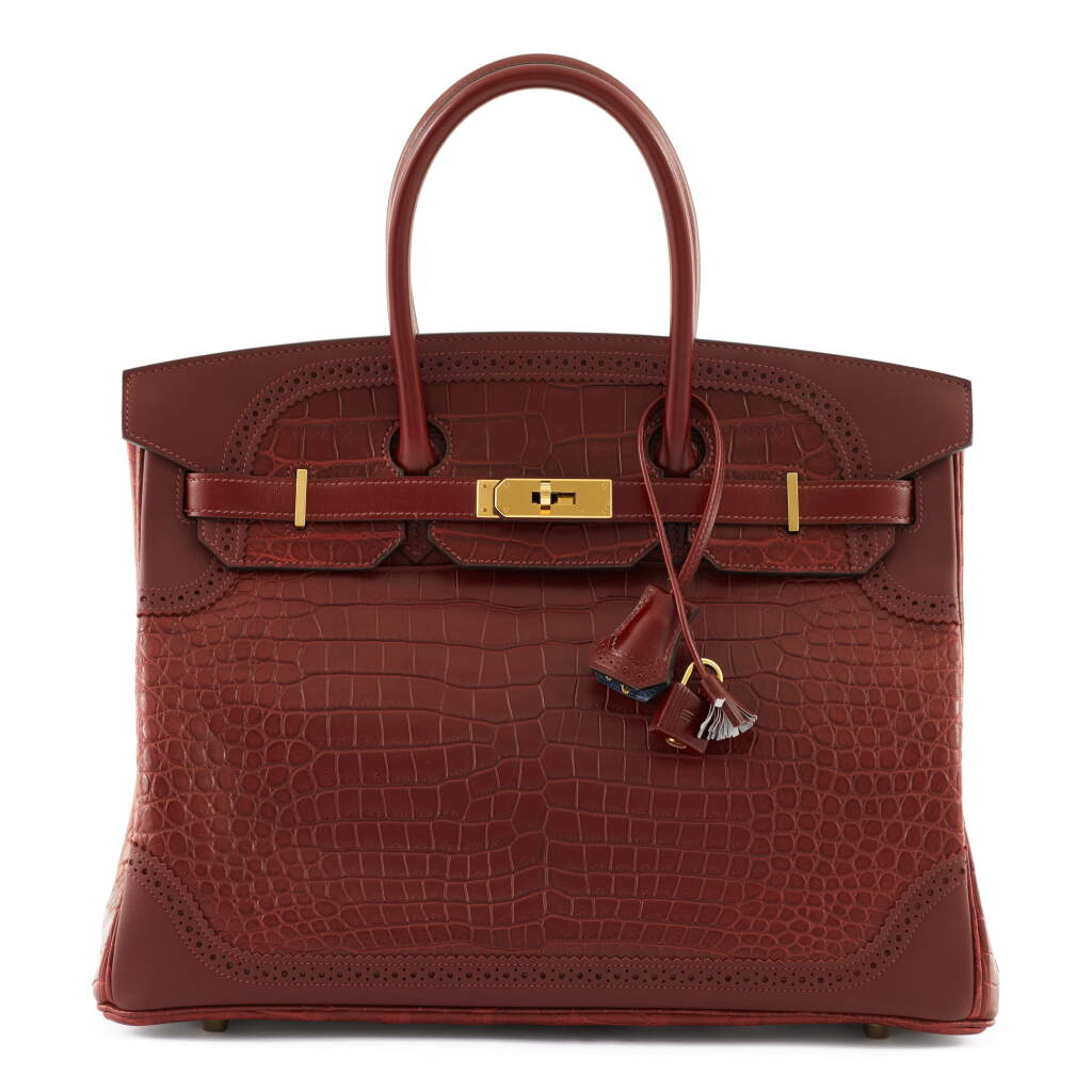 View full screen - View 1 of Lot 8. Burgundy and Rouge H Porosus Crocodile and Swift Ghillies Birkin 35 Gold Hardware, 2015.