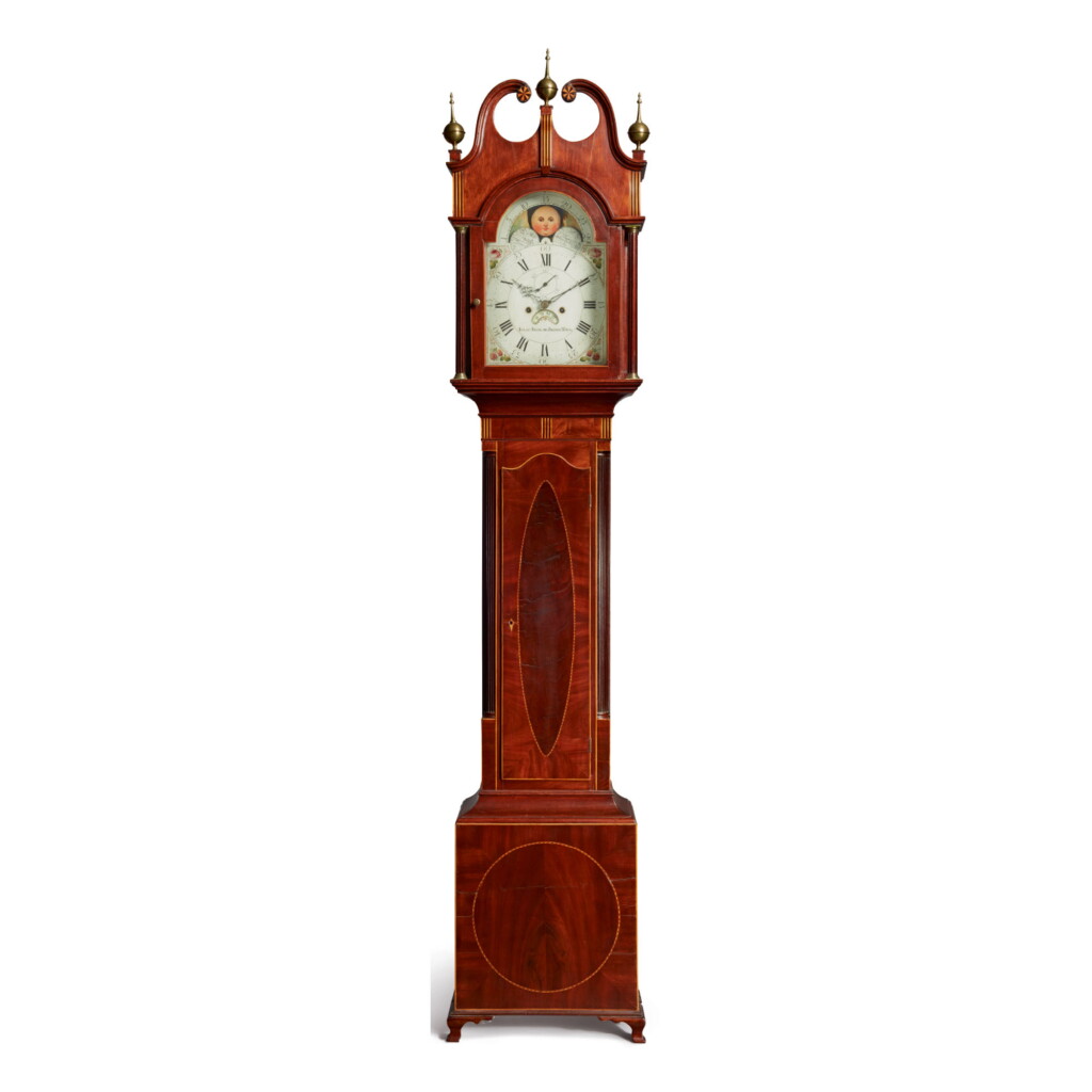 View full screen - View 1 of Lot 1737. FINE AND RARE FEDERAL INLAID AND FIGURED MAHOGANY TALL CASE CLOCK, CASE BY JOHN SCUDDER; WORKS BY ISAAC BROKAW, WESTFIELD, NEW JERSEY, CIRCA 1800.