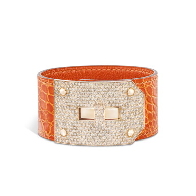View full screen - View 1 of Lot 606. 18K Rose Gold and Diamond Orange H Shiny Mississippiensis Alligator Kelly Bracelet, 2012.