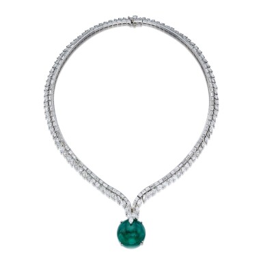 View full screen - View 1 of Lot 268. Diamond Necklace, Cartier, and Emerald and Diamond Pendant.