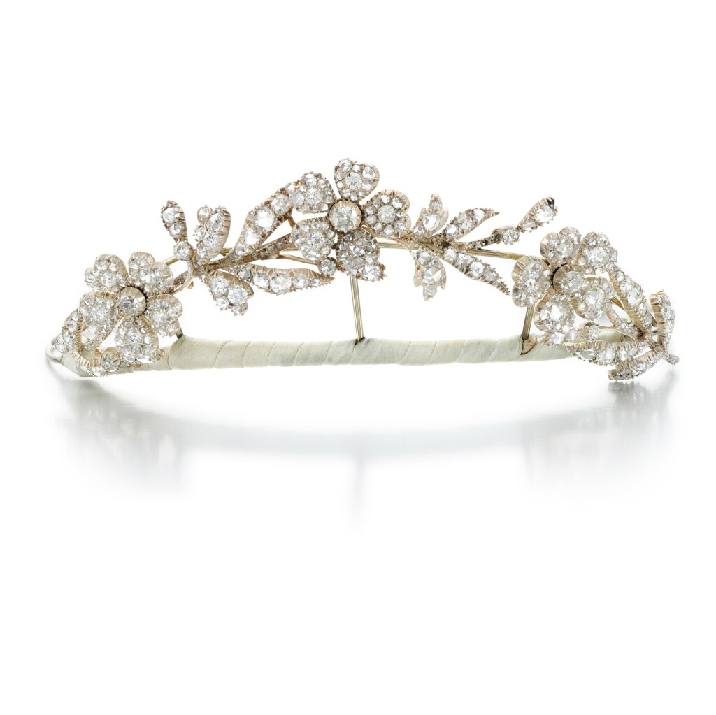 View full screen - View 1 of Lot 163. Diamond tiara/three diamond brooches, late 19th century.