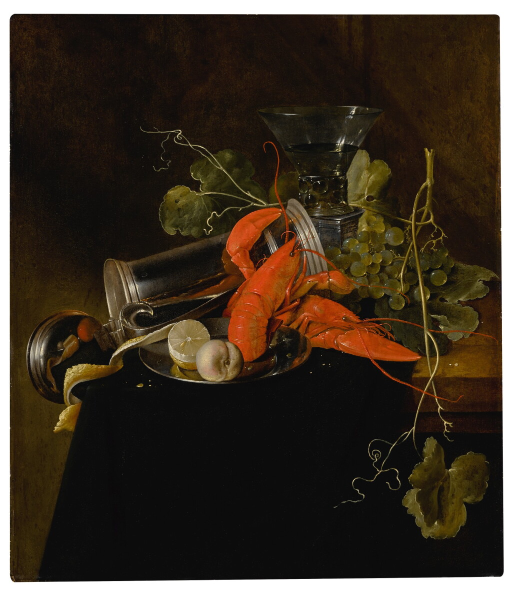 View full screen - View 1 of Lot 623. Still life with two lobsters, an overturned tankard, a berkemeier glass, grapes, and a lemon.