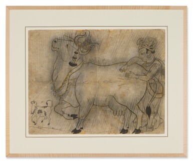 View full screen - View 1 of Lot 535. A Cowherd caresses the flanks of a cow, Rajasthan / Kotah, circa 1810-20.