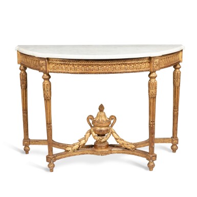 View full screen - View 1 of Lot 147. A Louis XVI giltwood console, circa 1780 | Console en bois doré d’époque Louis XVI, vers 1780.