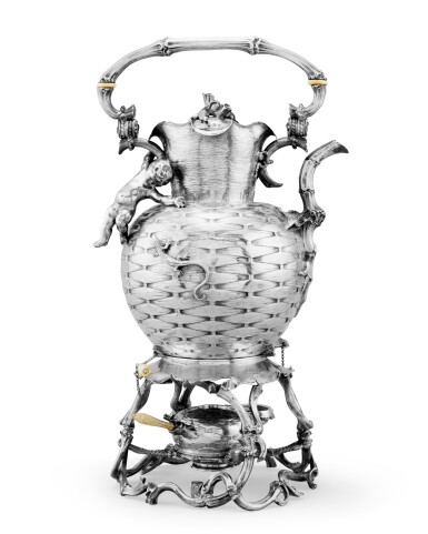 View full screen - View 1 of Lot 254. A large Belgium silver kettle on warming-stand, Louis Wolfers father and son, Brussels, circa 1890-1900 | Grande bouilloire sur son réchaud en argent par Louis Wolfers père et fils, Bruxelles, vers 1890-1900.