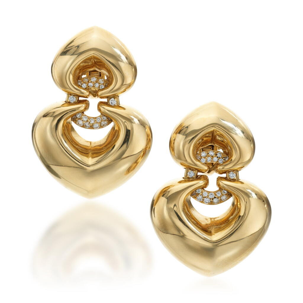 View full screen - View 1 of Lot 306. Pair of Gold and Diamond ‘Doppio Cuore’ Pendent Earclips.
