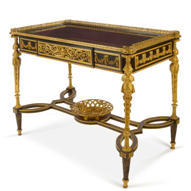 View full screen - View 1 of Lot 98. A Louis XVI style gilt-bronze mounted ebony and lacquered table, by Henry Dasson after a model by Adam Weisweiler, Paris, 1880s | Tisch im Stile Louis XVI aus Ebenholz, Lack und mit vergoldeten Bronzefassungen, von Henry Dasson nach einem Modell von Adam Weisweiler, Paris, 1880er.