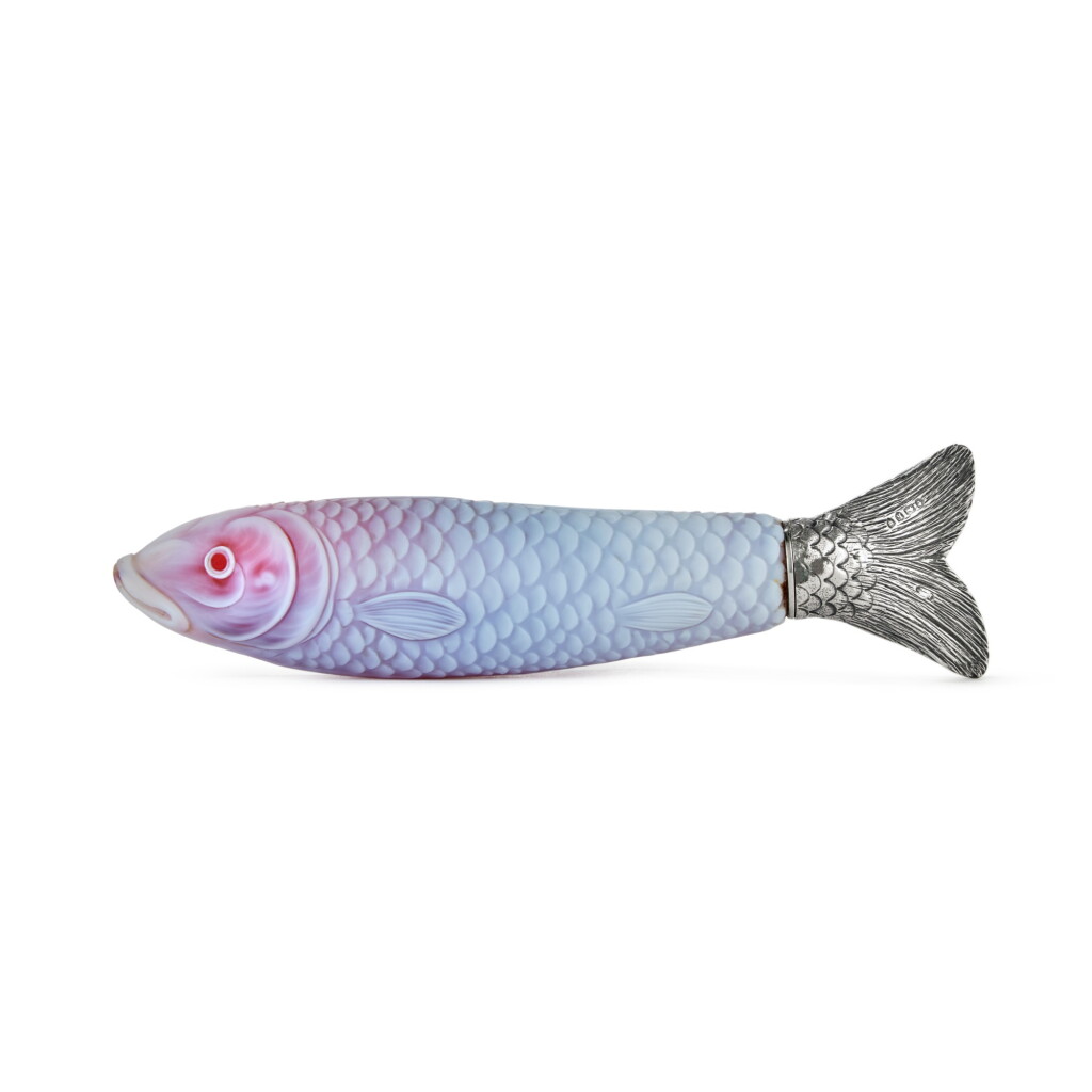 View full screen - View 1 of Lot 298. A Silver-Mounted Thomas Webb and Sons Red Cameo Glass Fish-Form Scent Bottle, Circa 1885.