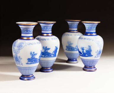 View full screen - View 1 of Lot 200. Four large Baccarat acid-etched and gilt blue cameo glass vases, circa 1870.