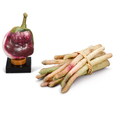 View full screen - View 1 of Lot 99. Two Italian wax models of a rosa bianca aubergine and a bunch of white asparagus, late 19th/early 20th century, in the manner Francis Garnier Valleti.