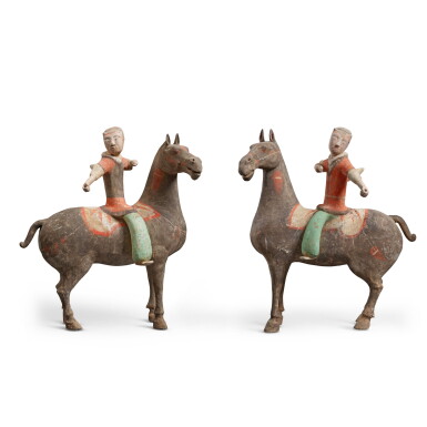 View full screen - View 1 of Lot 1152. A pair of painted gray pottery figures of equestrians, Han dynasty | 漢 灰陶加彩騎馬俑一對.
