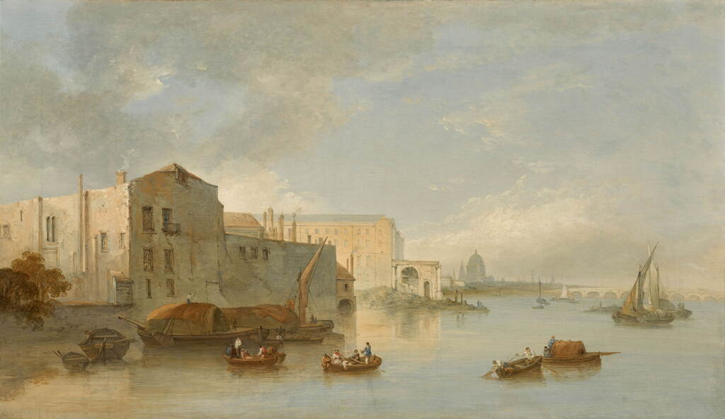 View full screen - View 1 of Lot 83. A view of the Thames with the Adelphi, Blackfriars Bridge and St Paul’s Cathedral in the background.