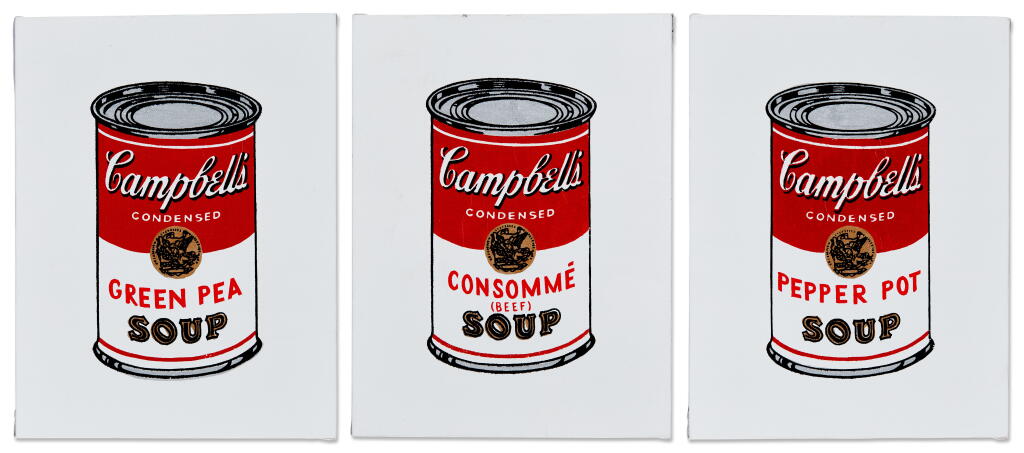 View full screen - View 1 of Lot 303. i. Andy Warhol, ‘Campbell’s Soup, Green Pea Soup', 1962 ii. Andy Warhol, ‘Campbell’s Soup, Consommé (Beef)', 1962 iii. Andy Warhol, ‘Campbell’s Soup, Pepper Pot', 1962.
