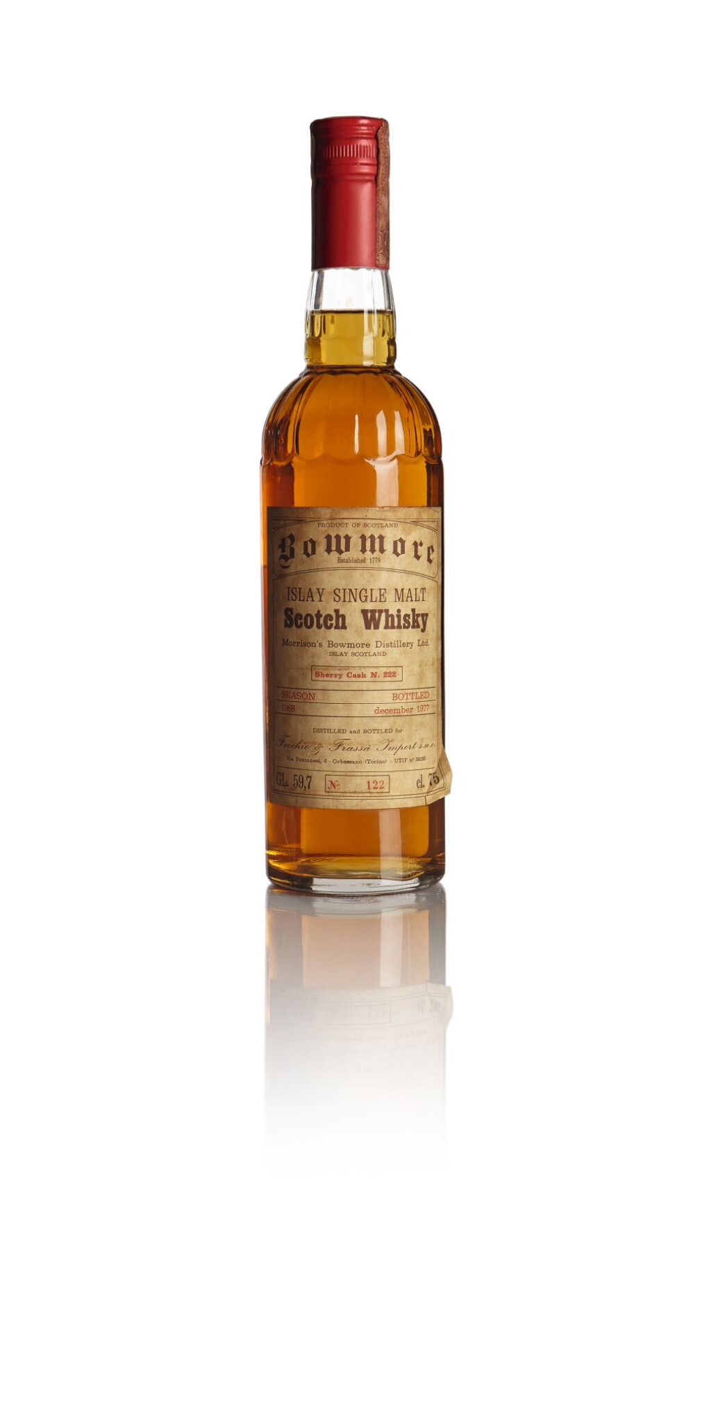 View full screen - View 1 of Lot 309. BOWMORE FECCHIO AND FRASSA RED CAP 9 YEAR OLD 59.7 ABV 1968 .