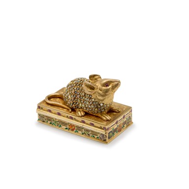 View full screen - View 1 of Lot 237. A German Silver-Gilt Enameled and Pearl-Set Mouse Box, Early 20th Century.