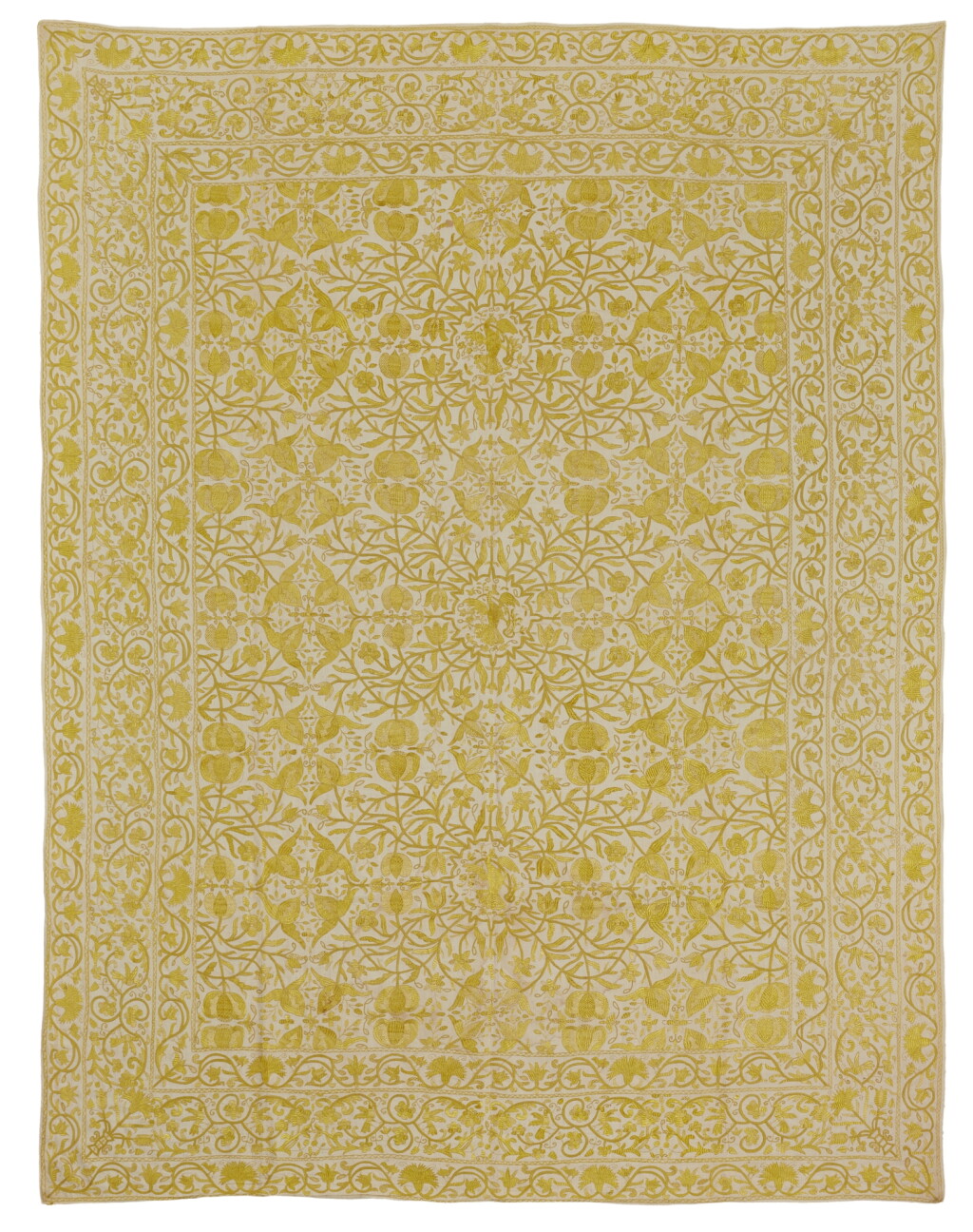 View full screen - View 1 of Lot 74. An Embroidered silk and linen coverlet (Colcha), Portuguese or Spanish, late 16th, early 17th century.