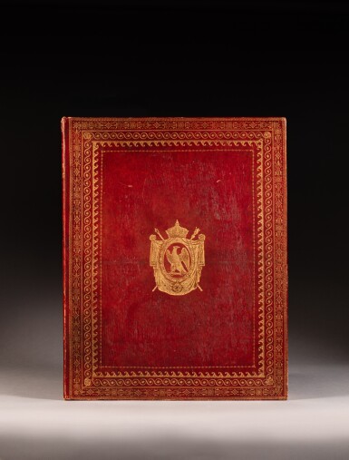 View full screen - View 1 of Lot 5. Relation de la Bataille de Marengo...Paris, an XII. In-folio. L’un des quelques exemplaires imprimés au format in-plano sur papier vélin fort, reliés en maroquin rouge aux armes impériales, destinés aux dignitaires de l'Empire..