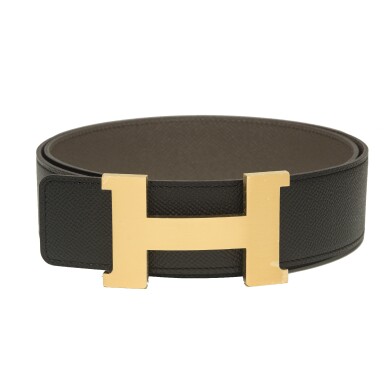 View full screen - View 1 of Lot 65. Hermès 42mm Black and Gris Etain Constance Belt Kit 90cm of Epsom Leather with Brushed Gold Hardware.