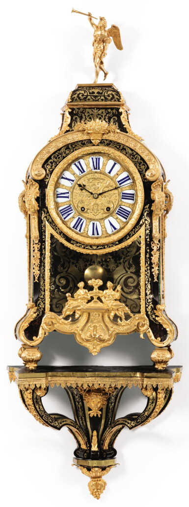View full screen - View 1 of Lot 12. A GILT-BRONZE-MOUNTED TORTOISESHELL AND BRASS MARQUETRY CARTEL CLOCK, THE DIAL SIGNED JACQUES PANIER PARIS, LOUIS XIV, CIRCA 1710 | CARTEL D'APPLIQUE ET UNE CONSOLE EN MARQUETERIE D'ÉCAILLE ET DE LAITON ET MONTURE DE BRONZE REDORÉ, D'ÉPOQUE LOUIS XIV, LE MOUVEMENT SIGNÉ JACQUES PANIER PARIS, VERS 1710.