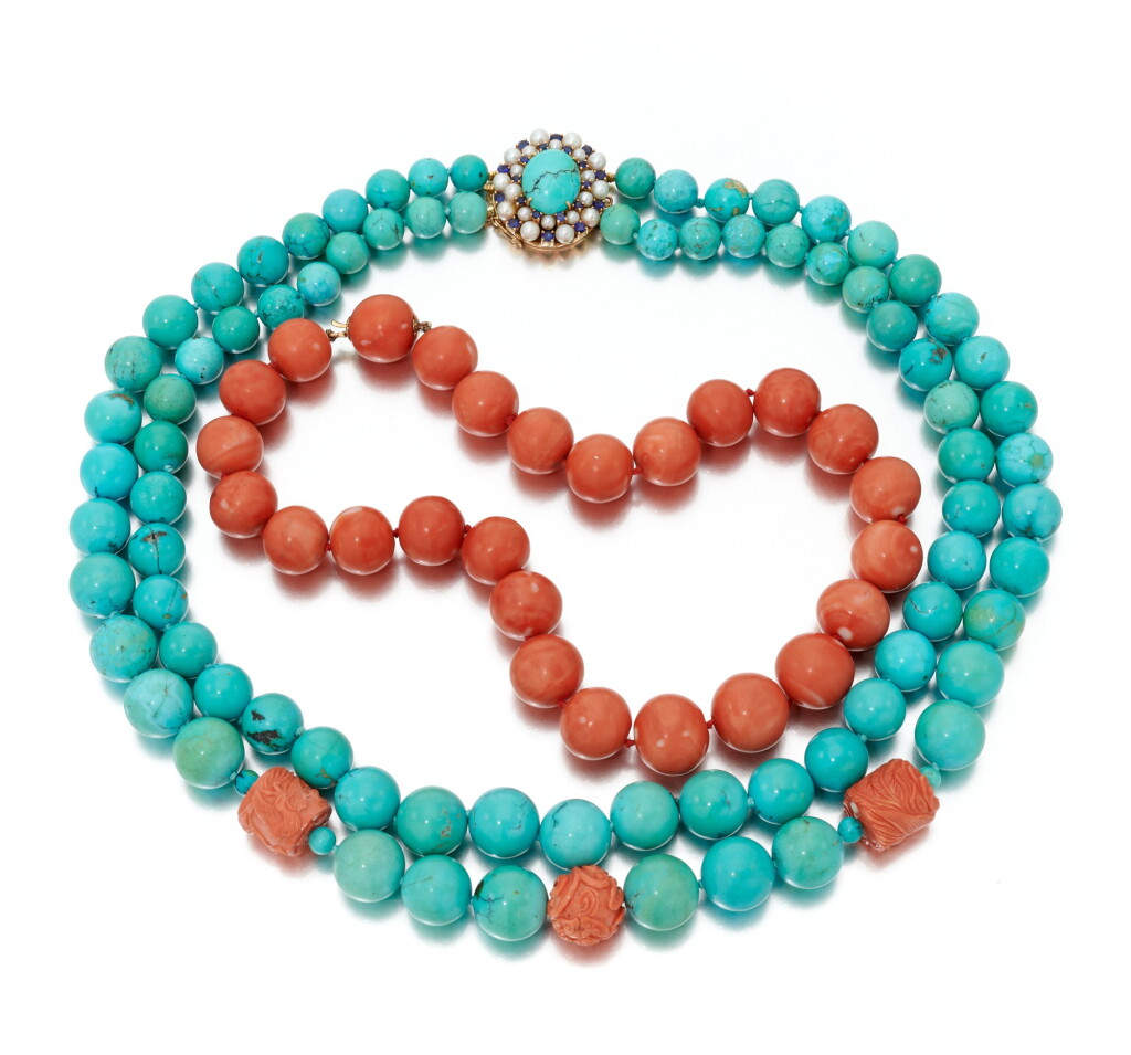 View full screen - View 1 of Lot 56. Two coral and turquoise necklaces (Due collane in corallo e turchesi).