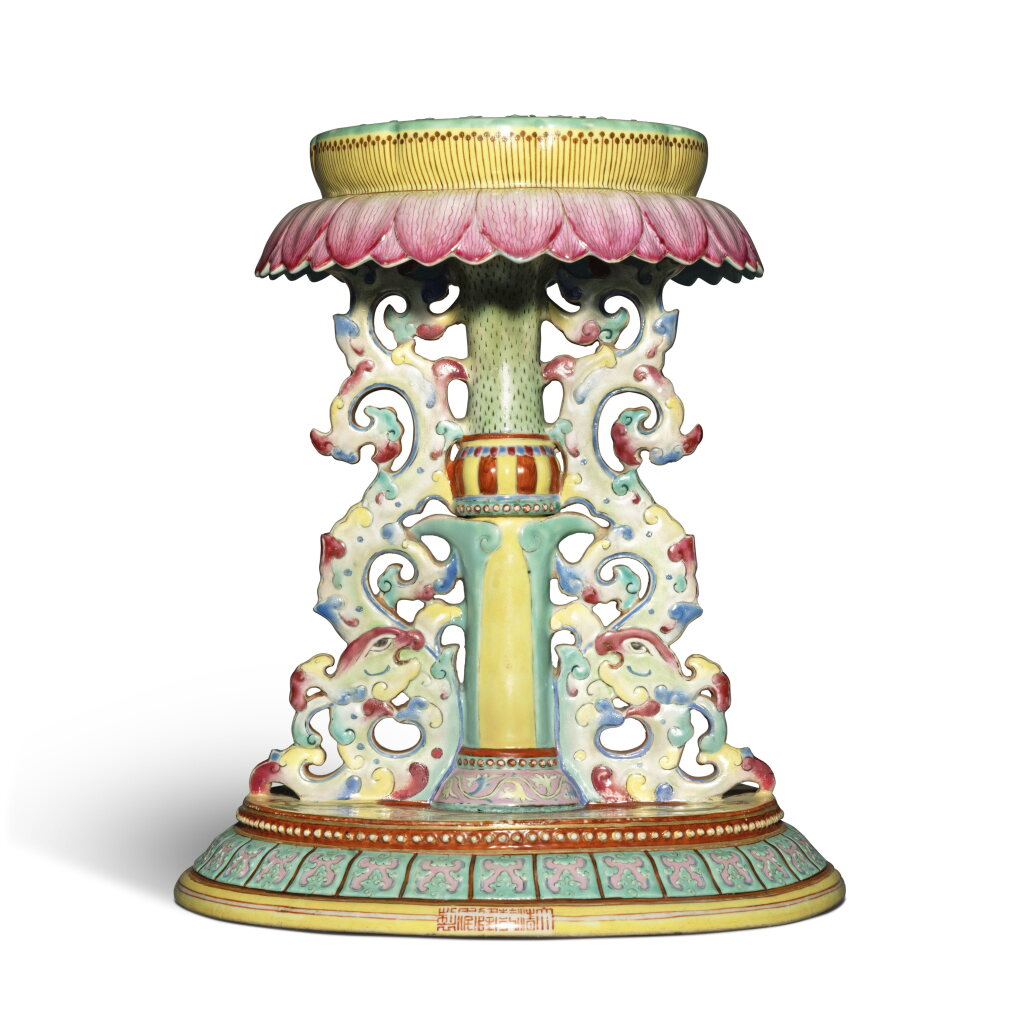View full screen - View 1 of Lot 15. A large famille-rose 'lotus' emblem stand, Seal mark and period of Qianlong.