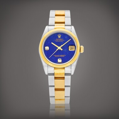 View full screen - View 1 of Lot 958. DateJust, Reference 68243 | A yellow gold, stainless steel and diamond-set wristwatch with date, lapis lazuli dial and bracelet, Circa 1996 | 勞力士 | DateJust 型號68243 | 黃金及精鋼鑲鑽石鏈帶腕錶,備日期顯示及青金石錶盤,約1996年製.